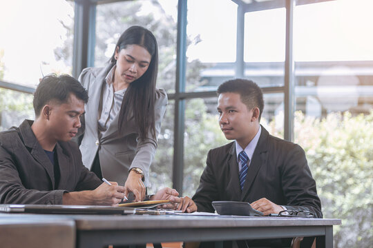 Team business marketing meeting to discuss the situation on business plan, marketing for investment. Selected focus