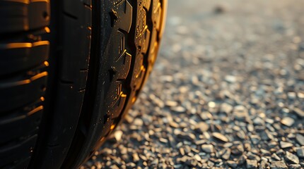Close up view of a black tire on a gravel surface with golden light hitting it