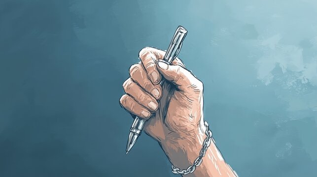 98.A bold, symbolic illustration of a hand clutching a pen with a chain around it, set against a dark, atmospheric background, representing the fight for journalistic freedom and press rights.