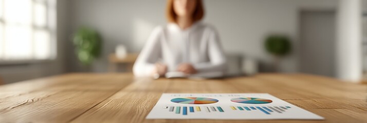 A person sits at a wooden table, focusing on a report with colorful graphs, suggesting a professional or analytical setting.