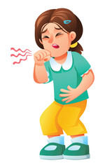 Little girl coughing, covering her mouth with a clenched fist. Vector cartoon illustration