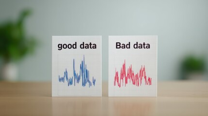 The image showcases two cards labeled "good data" and "bad data," featuring corresponding graphs that illustrate contrasting data trends.