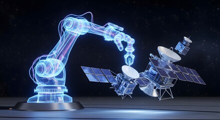 Illustration of digital representation of a robotic arm assembling or repairing a complex communication satellite in dark space environment