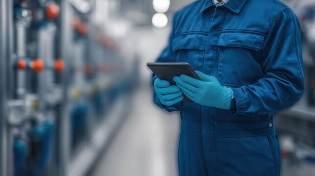 A worker in blue coveralls and gloves uses a tablet in an industrial setting with machinery in the background.