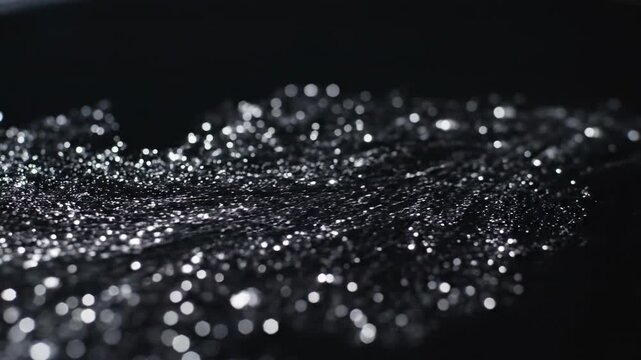 Sparkling Particles: Abstract close-up of glittering particles gracefully swirling across a dark surface, symbolizing fluidity and luminescence.
