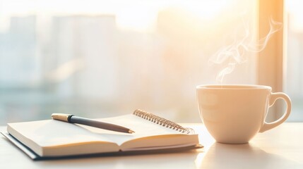 50.A tranquil image of a notebook with an ink pen and a steaming cup of coffee, set against a light-colored background, symbolizing peaceful reflection on the importance of press freedom for World