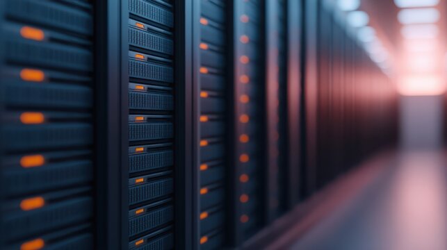 A modern data center corridor filled with rows of servers, illuminated by blue and orange lighting.