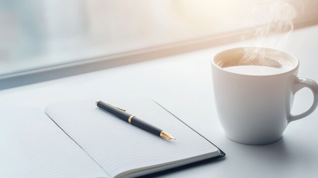 46.A serene, flat-lay image of a notebook with a pen resting on its pages, a steaming cup of coffee beside it, and a soft light background, conveying a sense of calm and focus for World Press Freedom