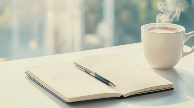 46.A serene, flat-lay image of a notebook with a pen resting on its pages, a steaming cup of coffee beside it, and a soft light background, conveying a sense of calm and focus for World Press Freedom