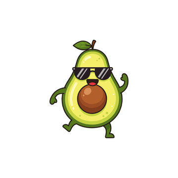 Cool avocado character with sunglasses dancing and smiling happily in a fun cartoon style.