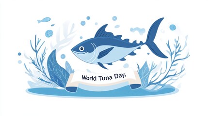 Naklejka premium 62.A flat illustration featuring a stylized tuna fish, surrounded by ocean waves and a banner that reads 