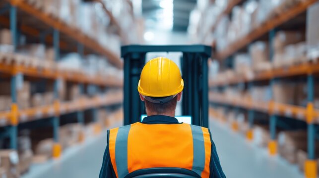 A warehouse worker operates a forklift, surrounded by shelves stacked with boxes, highlighting logistics and inventory management in a busy environment. - Powered by Adobe