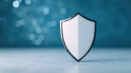 A minimalist shield symbol on a blurred blue background, representing protection and security in a contemporary design.