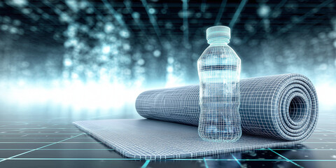 Water bottle on textured yoga mat with digital background  