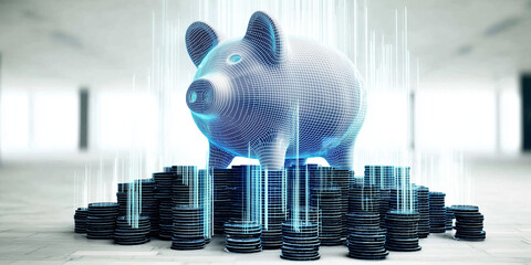 Digital piggy bank surrounded by stacks of coins in modern office  
