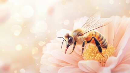 76.A detailed vector illustration of a honey bee delicately sucking nectar from a vibrant flower, surrounded by soft pastel tones and gentle floral elements, perfect for World Bee Day greetings and