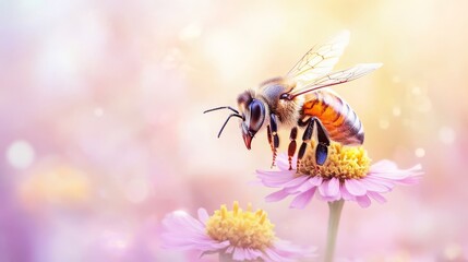 Naklejka premium 77.A charming illustration of a honey bee hovering over a colorful flower, capturing the essence with a detailed, lifelike design, ideal for greeting cards, posters, or educational content for World