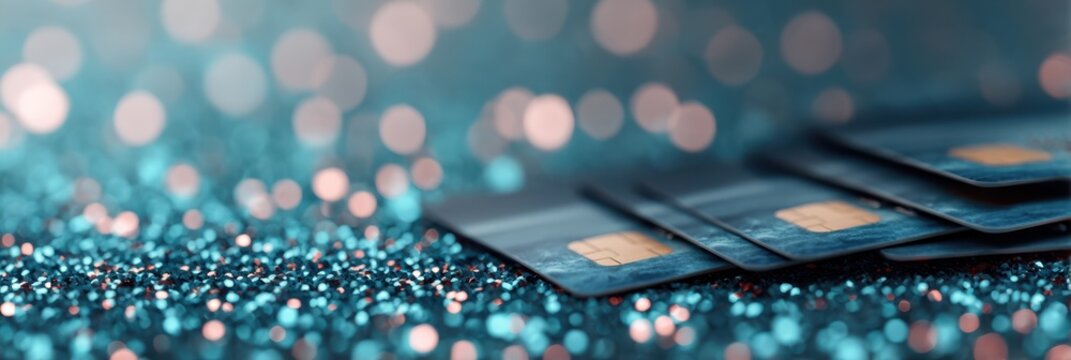 A close-up of credit cards resting on a sparkling turquoise surface, creating a vibrant and luxurious atmosphere.