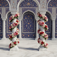 Marble Columns with Red and Pink Roses Against Blue Floral Backdrop wedding arch isolated on a transparent background