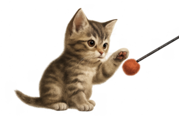 Tabby kitten playing with toy on transparent background