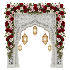Ornate Stone Archway with Rose Garland and Hanging Lanterns graphic design isolated on a transparent background