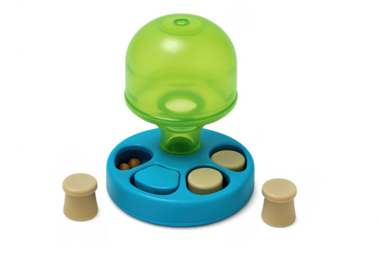 Pet puzzle feeder distributing treats for mental enrichment