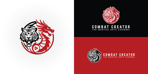 The circular logo features a fierce black tiger and a dynamic red dragon intertwined to form a yin-yang symbol with a play button. It's perfect for a martial arts influencer's brand identity.