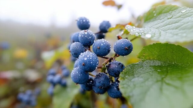 Morning Dew on Wild Berries: A close-up showcases a cluster of vibrant blue wild berries, glistening with fresh dewdrops, highlighting the delicate beauty of nature after a misty morning.