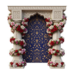 Ornate White Archway with Red and Pink Roses and Blue Floral Panel wedding isolated on a transparent background
