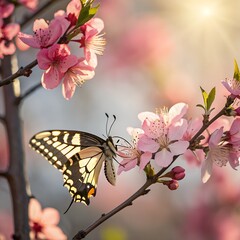 A swallowtail bird near ripe glowing blossoms, clear with a beautiful background.