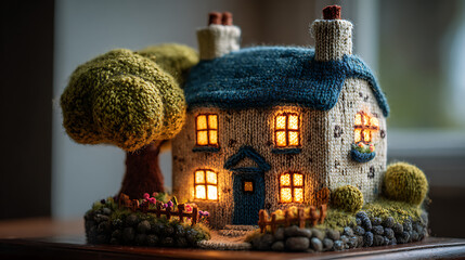 knitted house cozy handmade decoration miniature soft fabric wool texture craft project diy creative knitting artistic design warm home pattern cute