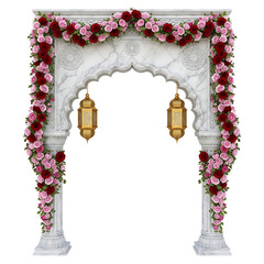 White Marble Archway with Roses and Lanterns on White Background wedding floral isolated on a transparent background
