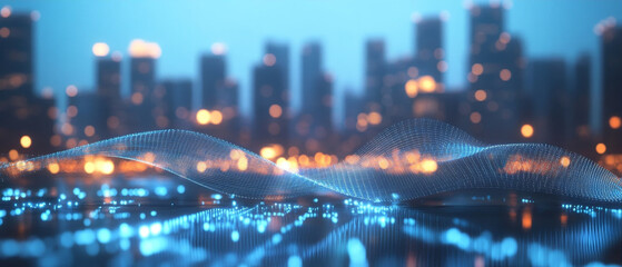 Glowing blue fiber optic cables with blurred night city skyline background