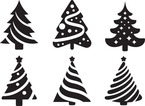 Minimalist and decorative Christmas tree icons collection in black silhouettes ideal for Christmas invitations branding