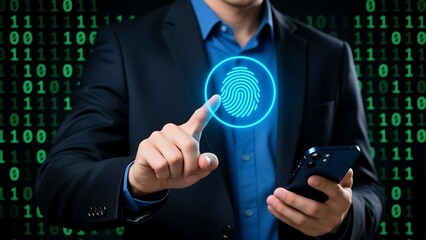 Biometric authentication security concept with fingerprint scan and mobile phone technology access system