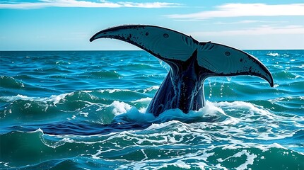 Whale tail rising out of the ocean with waves and a clear blue sky above
