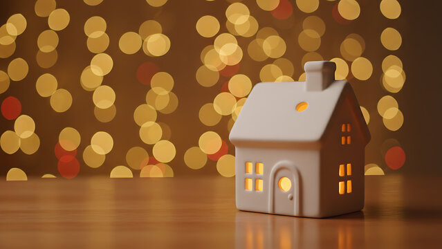 Festive miniature house with bokeh lights background conveys warmth and holiday cheer, creating a magical ambiance. Cozy Festive Miniature Holiday Scene