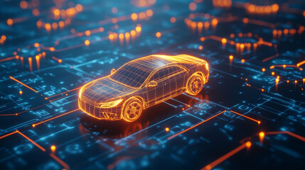 Futuristic digital wireframe car on glowing blue circuit board technology background