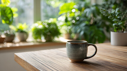 cup of tea on wooden table bright room green plants natural light cozy interior morning beverage warm relaxing herbal tea healthy drink calm atmosphere
