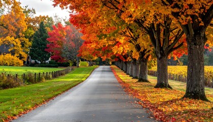 Winding road through vivid trees with colorful foliage, autumn season