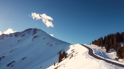 Aerial view of a snowy mountain range with a road and a clear blue sky above