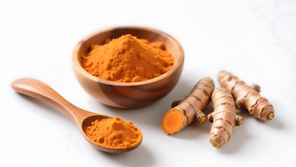 Turmeric powder and roots in wooden bowl and spoon for healthy cooking and natural remedies use on white
