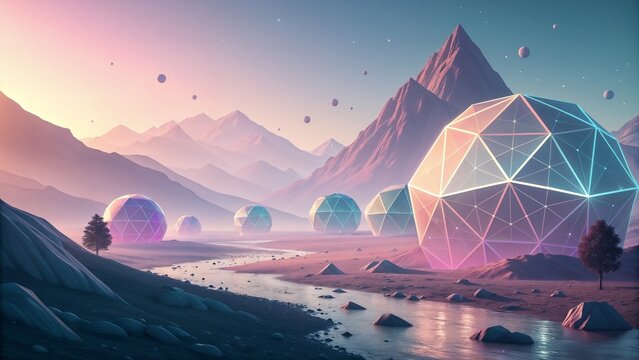 A pastel landscape with mountains and glowing geodesic domes near a river under a soft sky view scene | ai generated