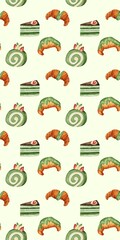 Vertical Seamless Pattern of Matcha Desserts on Light Yellow Background