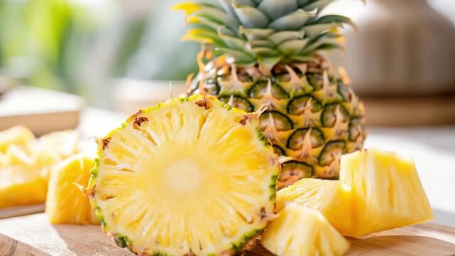 Tropical Treat: A close-up shot of a halved pineapple, showcasing its juicy, vibrant flesh, and several pineapple slices, inviting a refreshing taste.