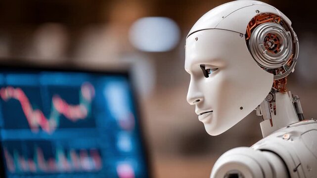 AI-Driven Analytics: A close-up shot of a sophisticated robot analyzing data displayed on a digital screen, representing the forefront of technological advancement and data-driven intelligence.
