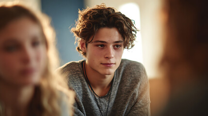 teen mental health discussion in group therapy young boy focused on female friend emotional support space youth psychology and healing atmosphere