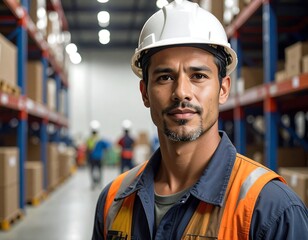 Portrait of a warehouse worker wearing a hard hat and safety vest