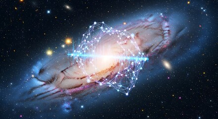 Illustration of abstract representation of a galaxy with a glowing digital network overlay and bright light beam in deep space