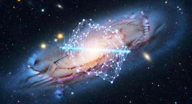 Illustration of abstract representation of a galaxy with a glowing digital network overlay and bright light beam in deep space - Powered by Adobe